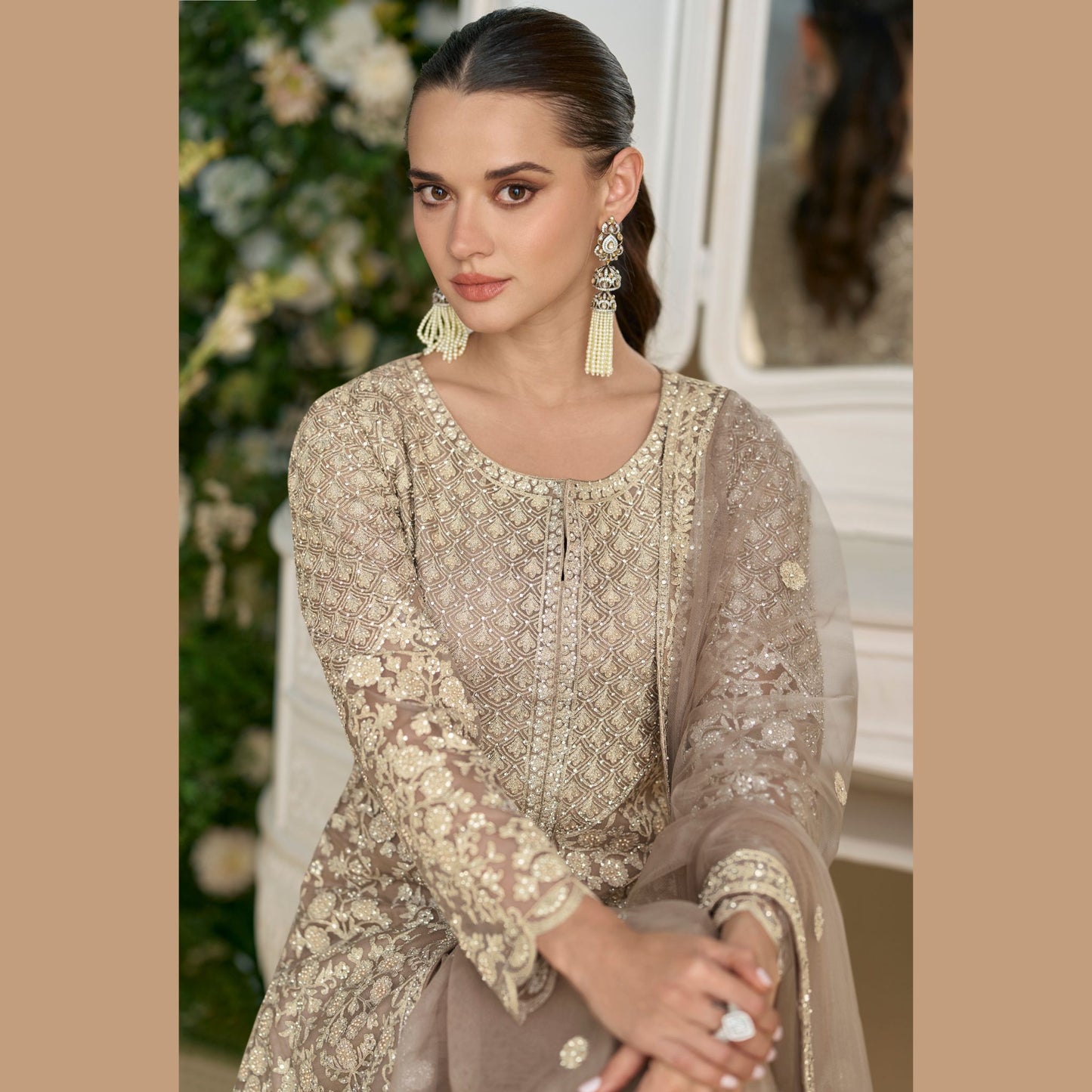 Ruqayah Mocha Mist Kurta with Sharara Ensemble