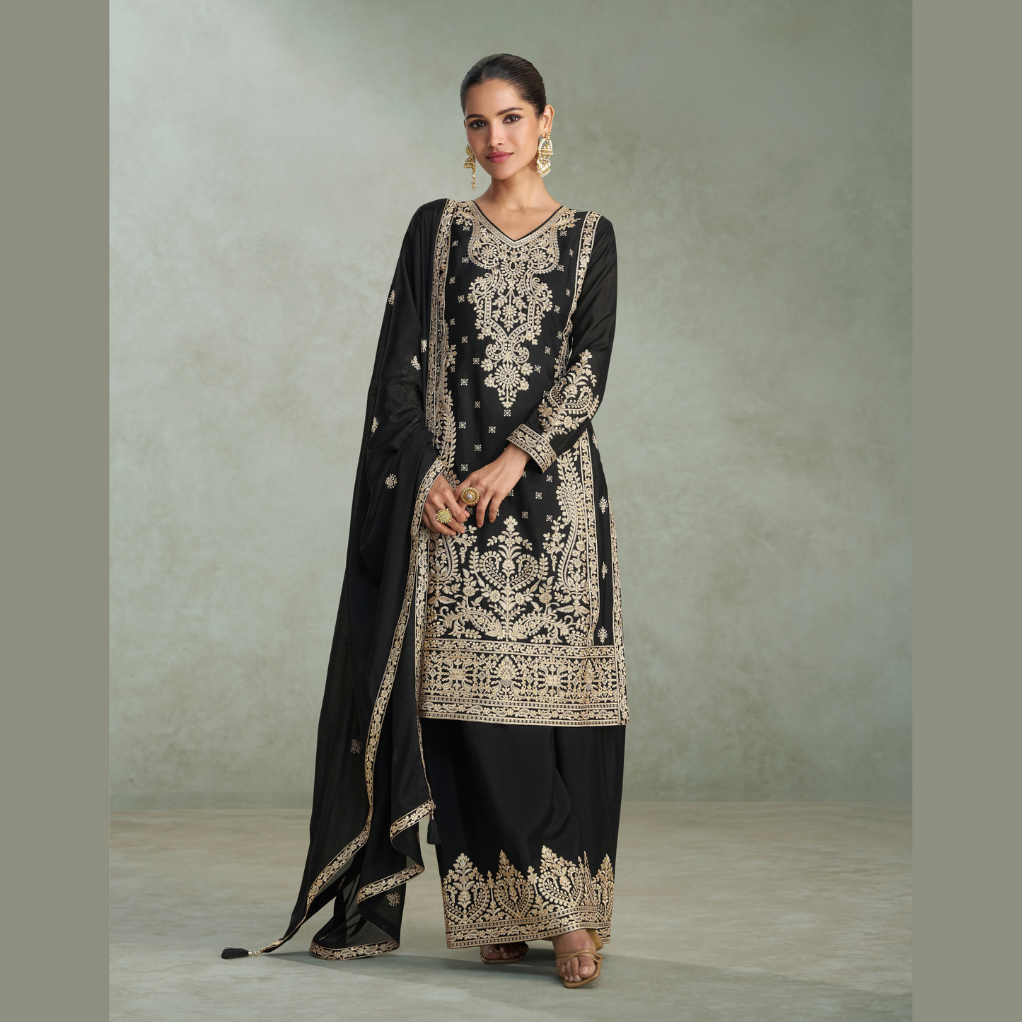 Zunaira Embroidered Straight-Cut Kurta with Palazzo and Dupatta