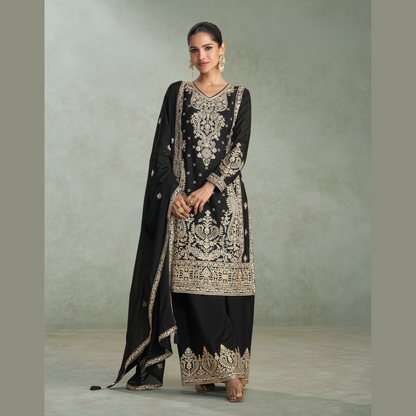 Zunaira Embroidered Straight-Cut Kurta with Palazzo and Dupatta