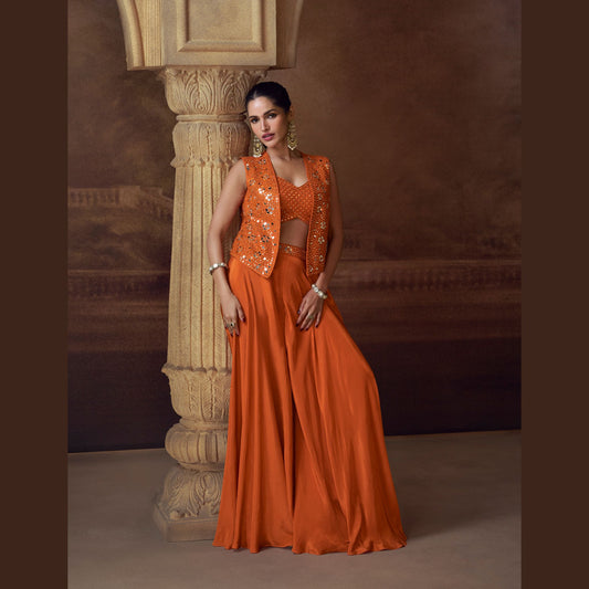 Tara Amber palazzo set with embellished blouse and mirror-work jacket