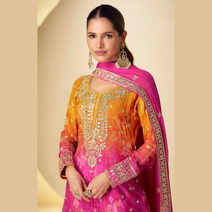 Fuchsia Flame Embroidered Sharara Set with Dupatta
