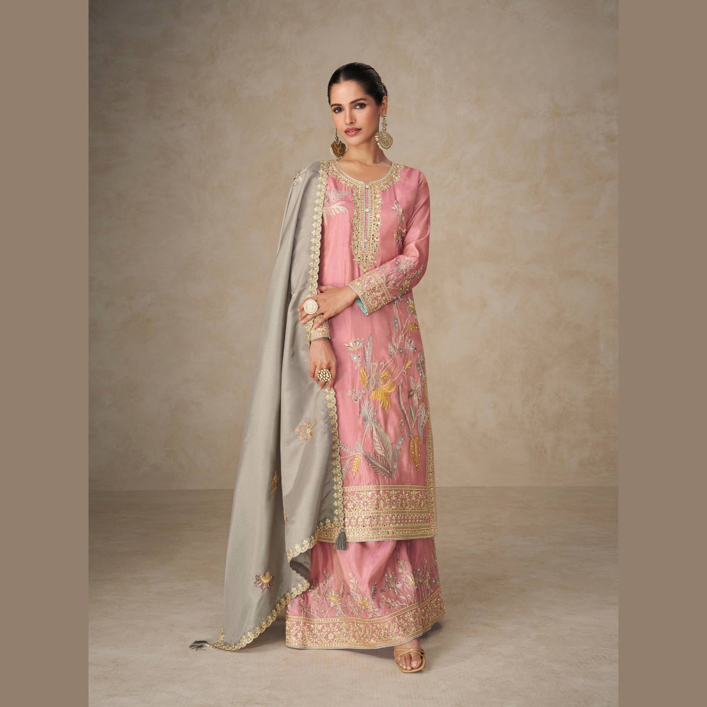 Blush Pink Silk Straight Kurta Palazzo Set with Grey Dupatta