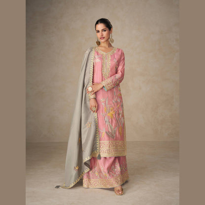 Blush Pink Silk Straight Kurta Palazzo Set with Grey Dupatta