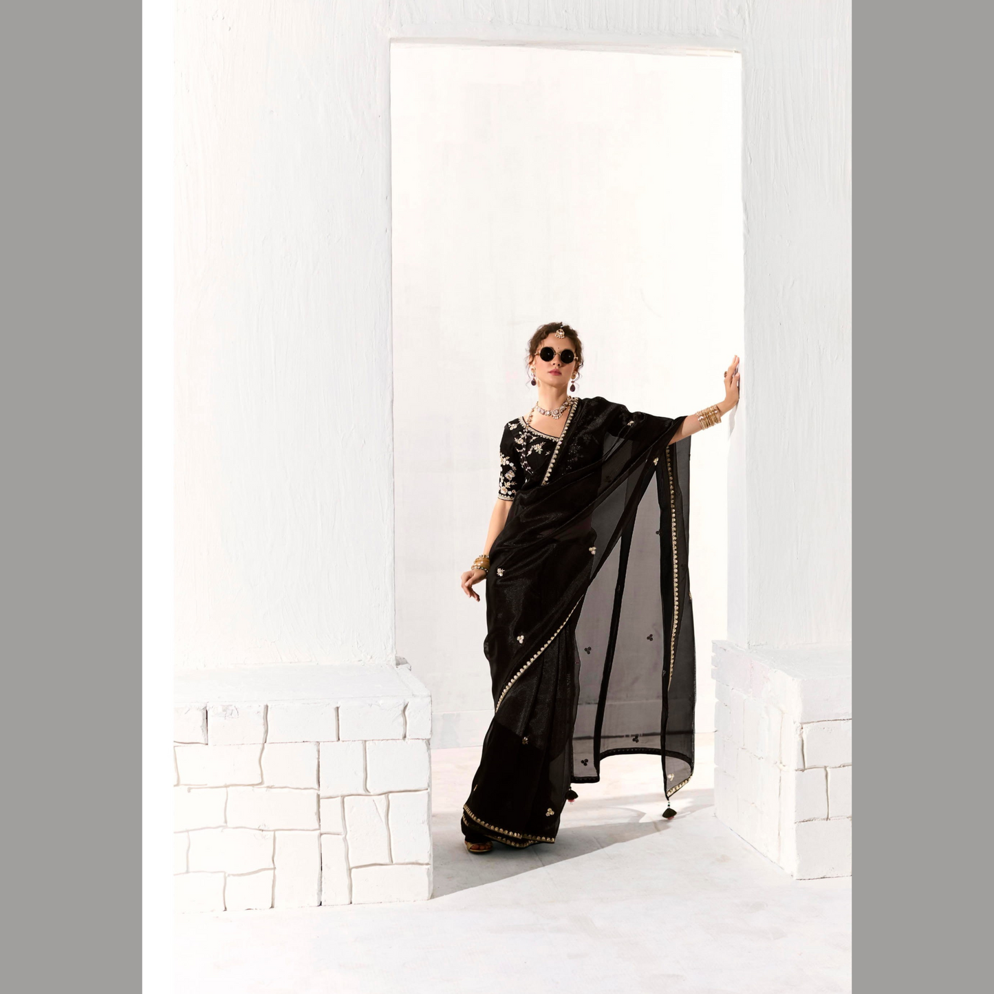 Black Runway Organza Tissue Saree with Heavy Embroidered Border – Designer Party Wear