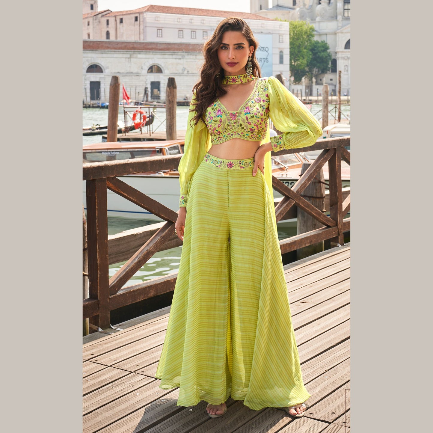 Zehra Lime Glow Palazzo Ensemble with Cape