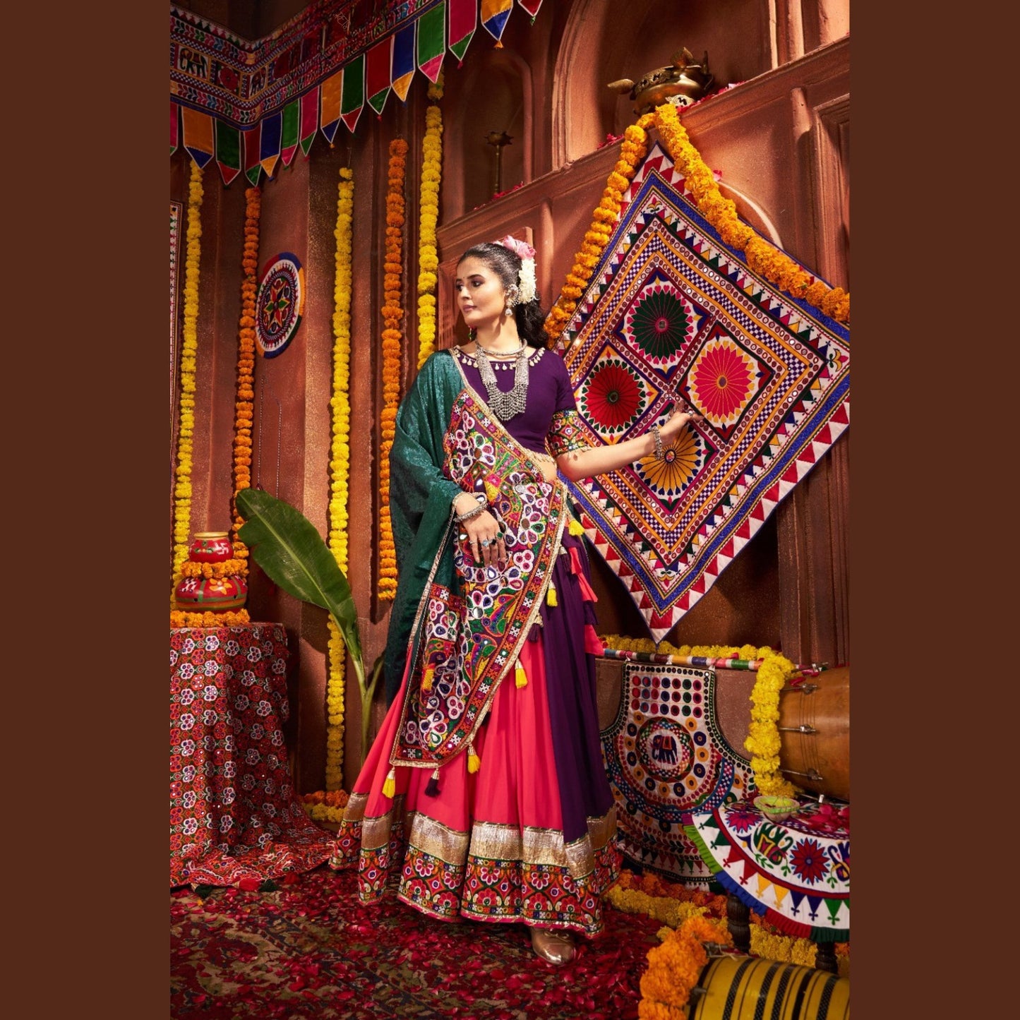 Rani Veil Pink & Plum Navratri Lehenga Set