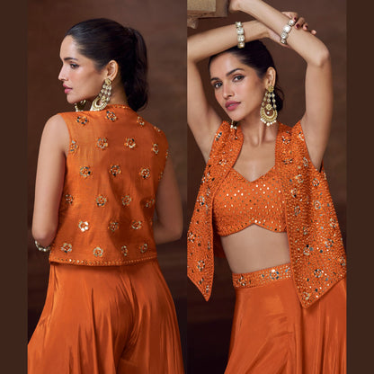 Tara Amber palazzo set with embellished blouse and mirror-work jacket