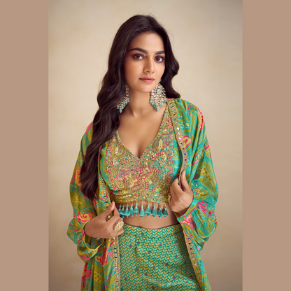Noorani Raat Printed Palazzo Set with Embellished Blouse & Cape