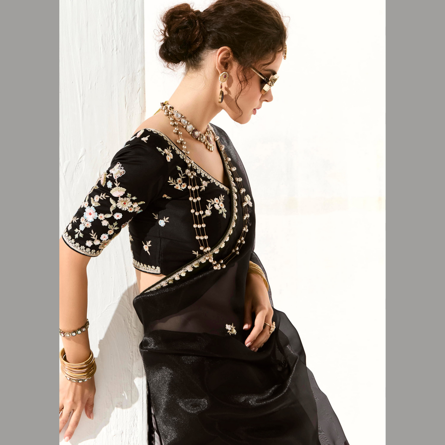 Black Runway Organza Tissue Saree with Heavy Embroidered Border – Designer Party Wear