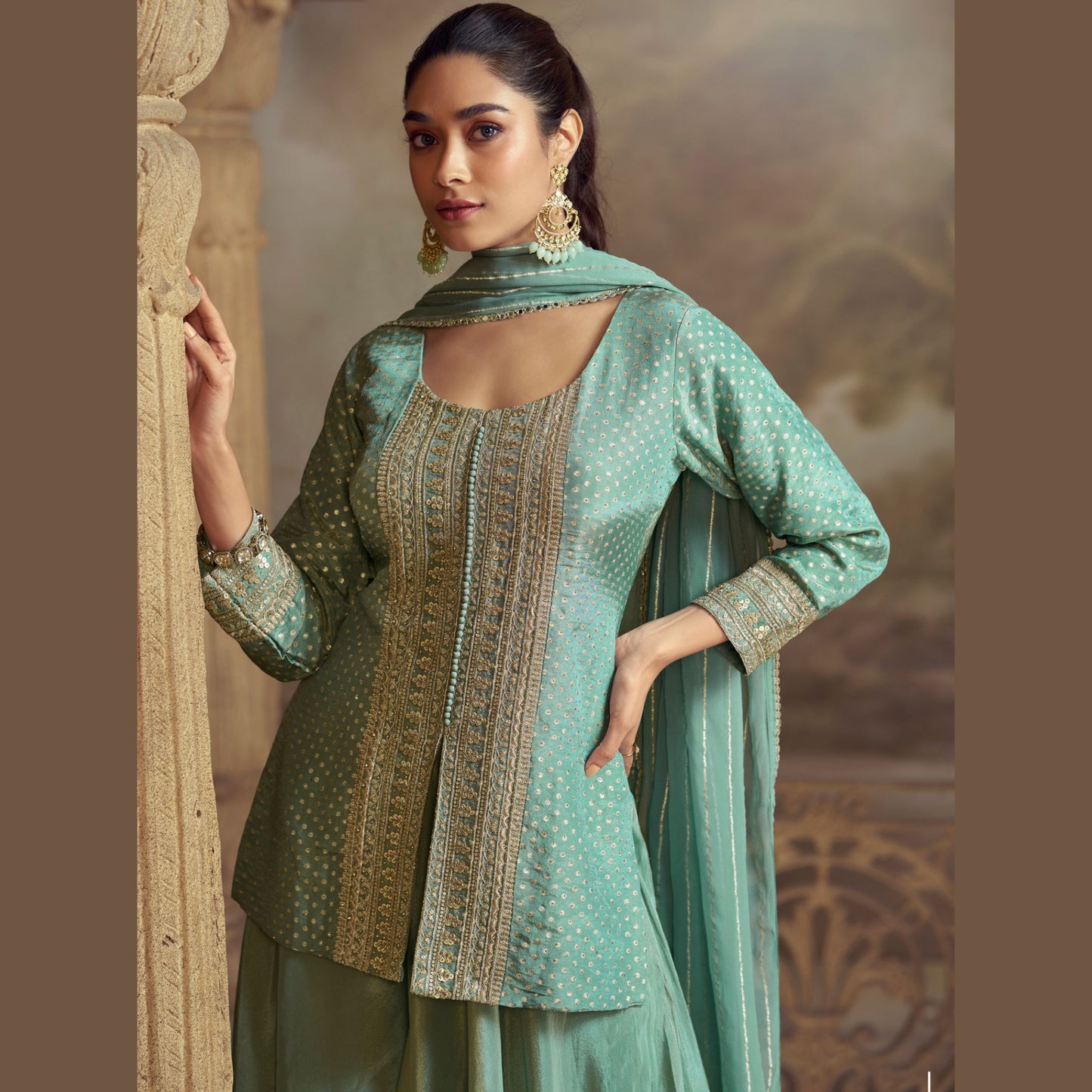 Mehrin Aqua Green Kurta with Sharara Set