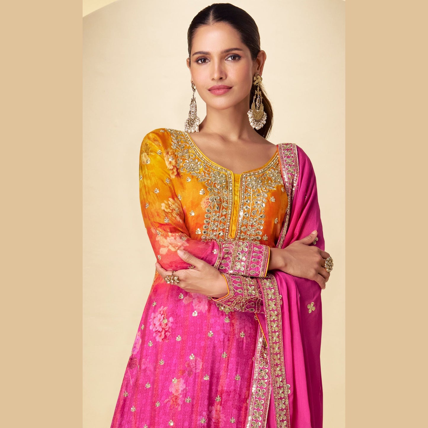 Fuchsia Flame Embroidered Sharara Set with Dupatta