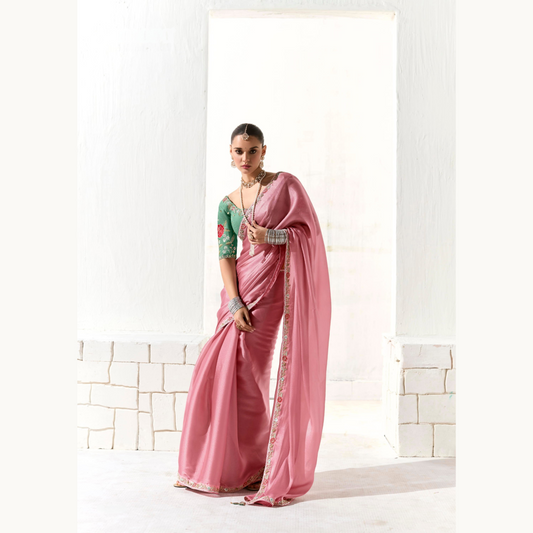 light pink with gold Runway Organza Tissue Saree with Heavy Embroidered Border