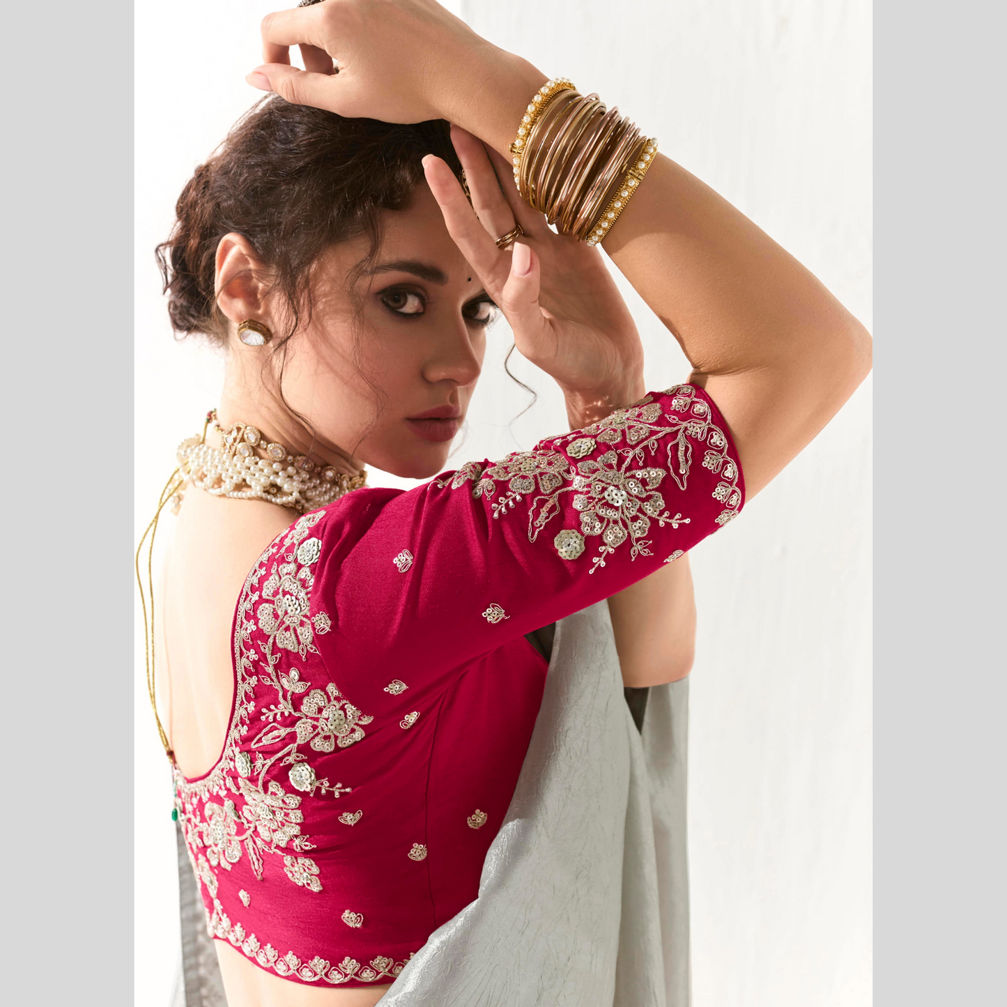 light grey with pinkish Runway Organza Tissue Saree with Heavy Embroidered Border