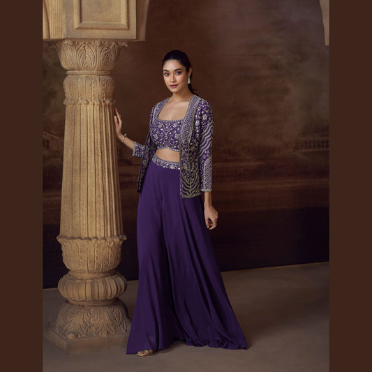 Ira Midnight palazzo set with sequin-embroidered bustier and jacket in zari