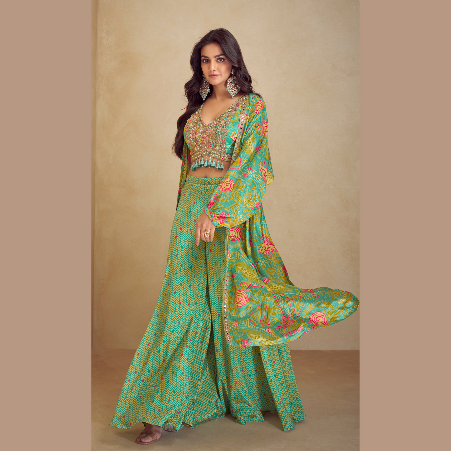Noorani Raat Printed Palazzo Set with Embellished Blouse & Cape