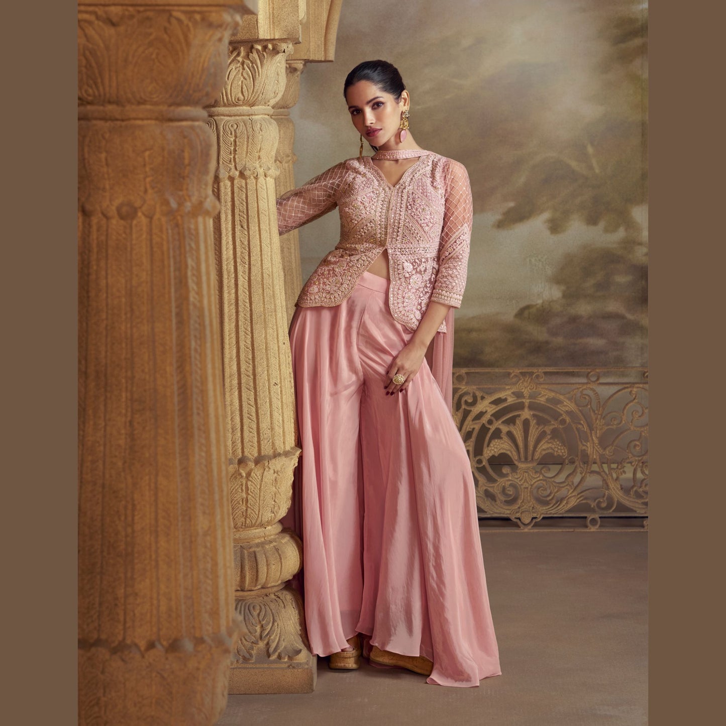 Zaafira Dusty Rose Peplum Top with Palazzo Set