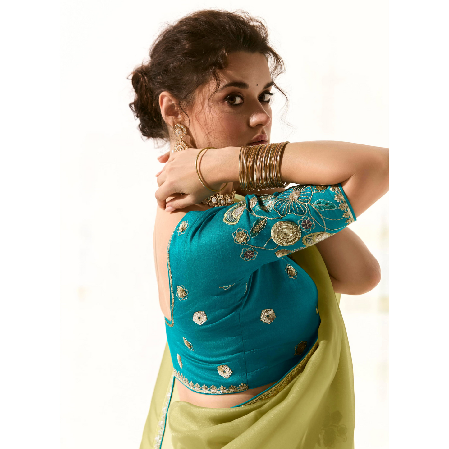light green with a blue Runway Organza Tissue Saree with Heavy Embroidered Border