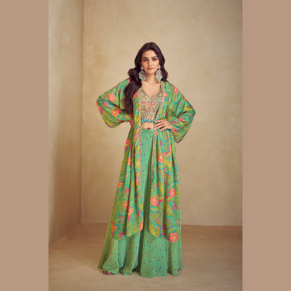 Noorani Raat Printed Palazzo Set with Embellished Blouse & Cape