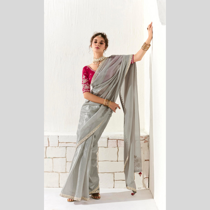 light grey with pinkish Runway Organza Tissue Saree with Heavy Embroidered Border
