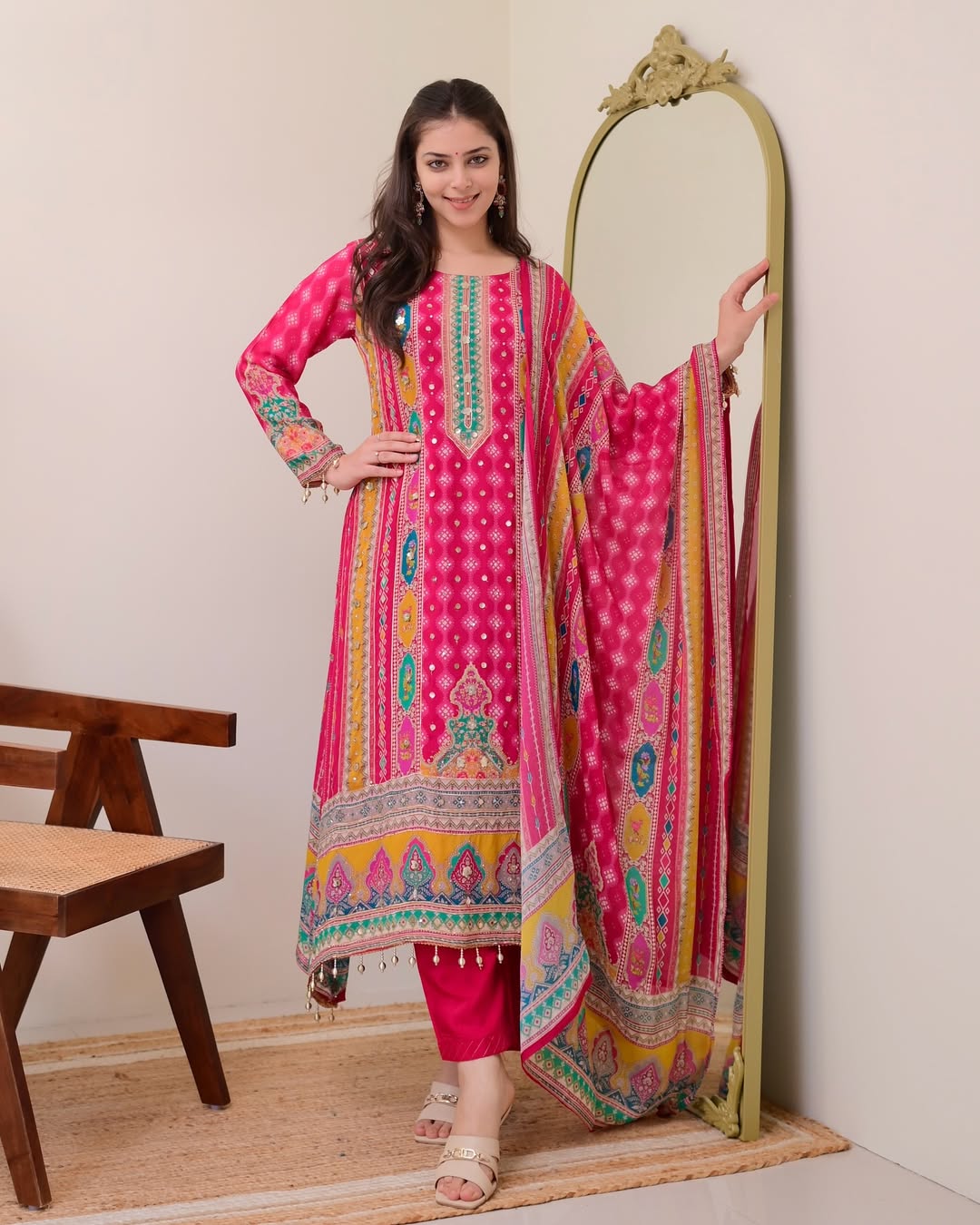 Elegant Fuchsia Ethnic Suit Set with Digital Print & Mirror Handwork – Maslin Cotton
