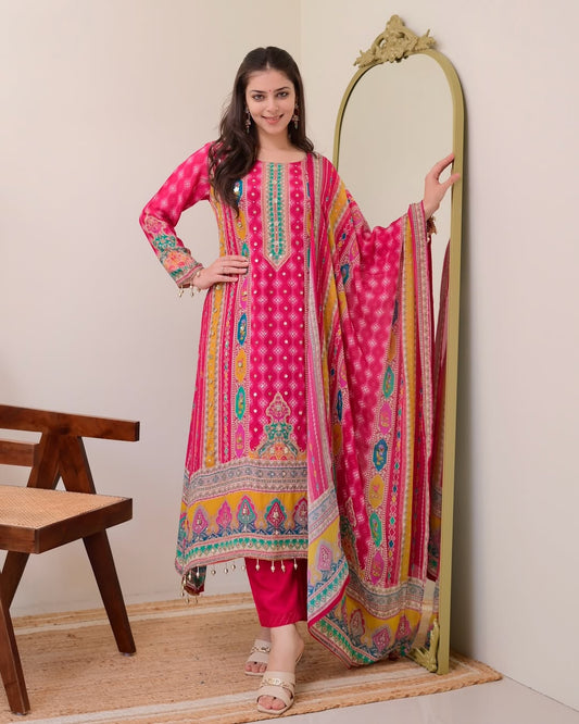 Elegant Fuchsia Ethnic Suit Set with Digital Print & Mirror Handwork – Maslin Cotton