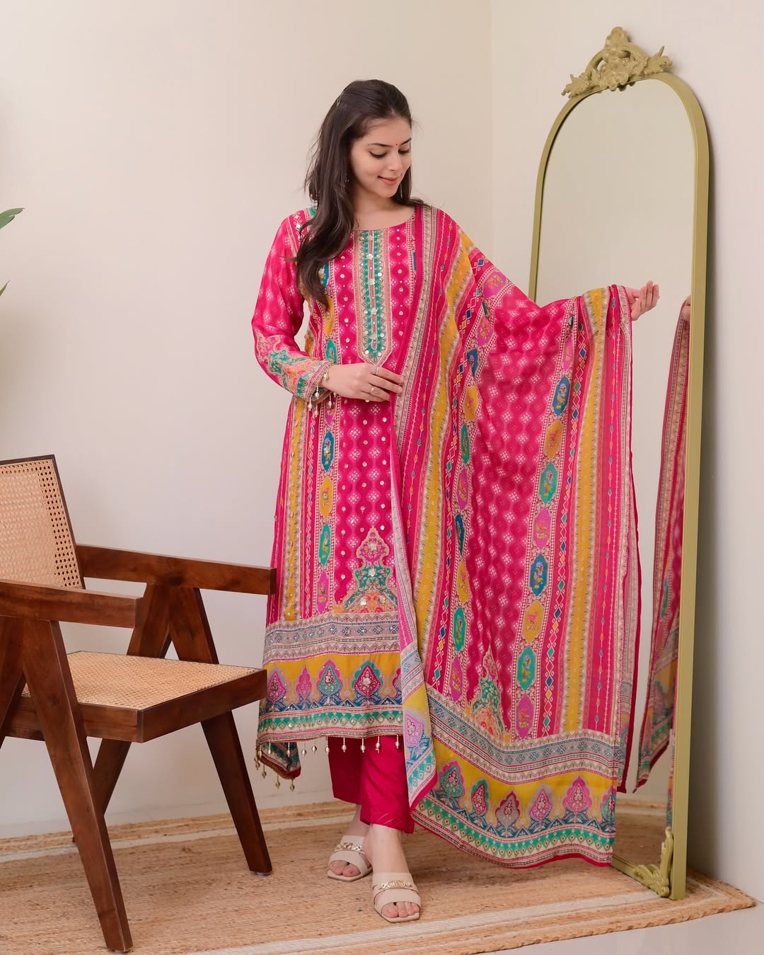 Elegant Fuchsia Ethnic Suit Set with Digital Print & Mirror Handwork – Maslin Cotton