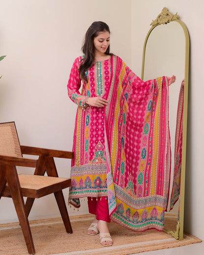 Elegant Fuchsia Ethnic Suit Set with Digital Print & Mirror Handwork – Maslin Cotton