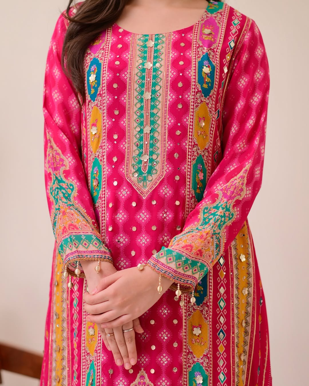 Elegant Fuchsia Ethnic Suit Set with Digital Print & Mirror Handwork – Maslin Cotton