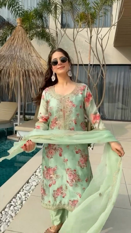 Tebby Silk With Heavy Embroidery Work With Digital Print With hand Diman and Mirar Work With Top-Bottom And Dupatta Set