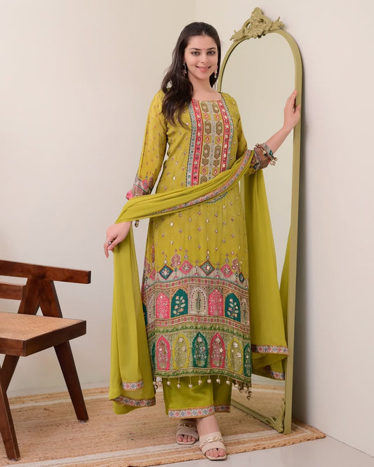 Heavy Muslim Cotton With Heavy Digital Print With Mirror Handwork Top-Bottom And Dupatta Set Fully Stitched