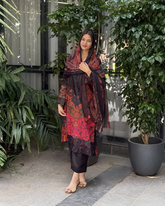 Heavy Muslim Cotton With Heavy Digital Print With Embroidery Sequence Work Patch With Top-Bottom And Dupatta Set Fully Stitched