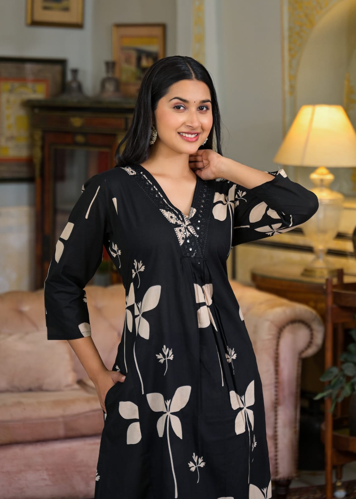 Cotton Charm Printed Kurti with Pocket &amp; Embroidered
