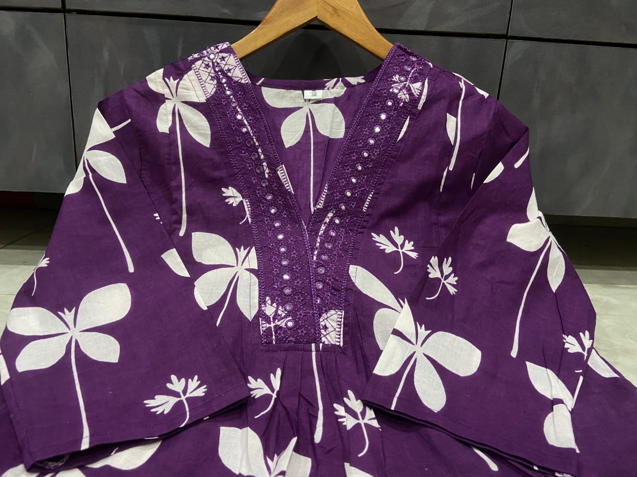 Cotton Charm Printed Kurti with Pocket &amp; Embroidered V-Neck