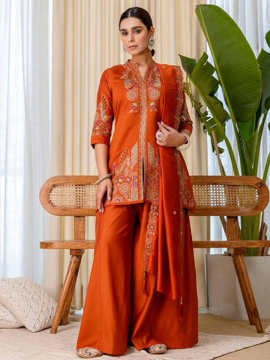 Zehra Luxe Roman Silk Embroidered Palazzo Set