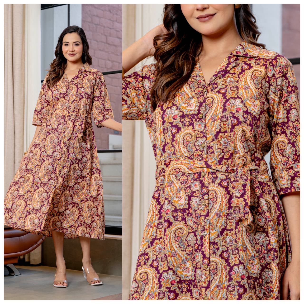 Mira Paisley Notched-Collar Shirt Dress
